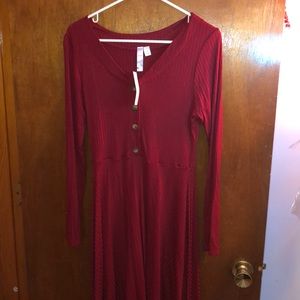 Long Sleeve Button Dress - Dark Red / Size M